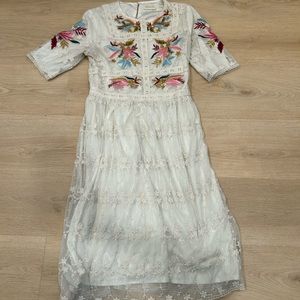 Roolee white lace embroidered floral midi dress